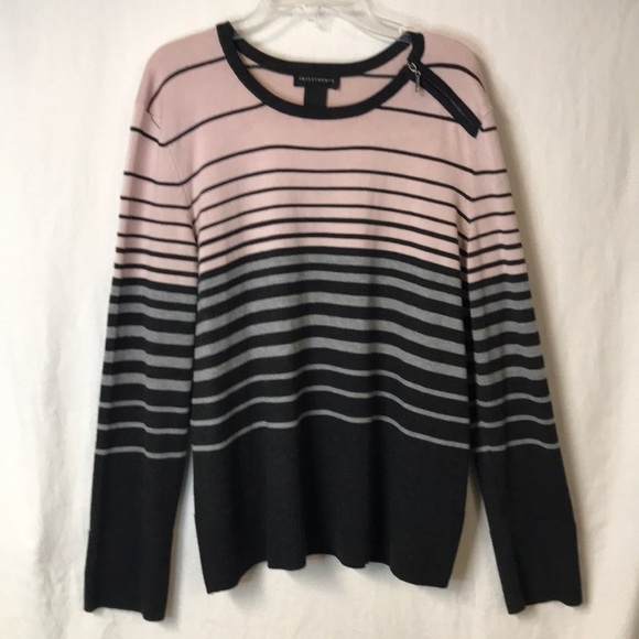 INVESTMENTS Women’s Sweater Pink/Gray Stripe Size L Zipper Detail at Shoulder - Picture 1 of 14